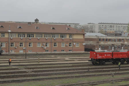 Bucharest, Romania, March 13, 2016: DB Schenker freight train is seen the switch yard of Gara de Nord main railway station.のeditorial素材