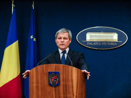 Bucharest, Romania, 1 February 2016: Romanian Prime Minister Dacian Ciolos holds a press conference after an informal meeting of his cabinet, at Victoria Palace, in Bucharest, capital of Romania.のeditorial素材