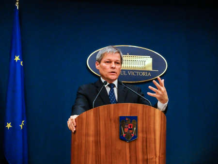 Bucharest, Romania, 1 February 2016: Romanian Prime Minister Dacian Ciolos holds a press conference after an informal meeting of his cabinet, at Victoria Palace, in Bucharest, capital of Romania.のeditorial素材