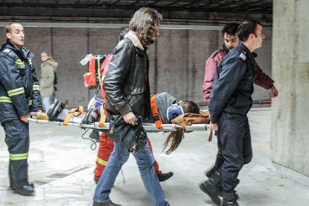 Bucharest, Romania, 13 February 2016: SMURD ( Mobile Emergency Service for Resuscitation and Extrication) intervenes for reanimate a lady who fainted in the subway station Universitate, in Bucharest.のeditorial素材