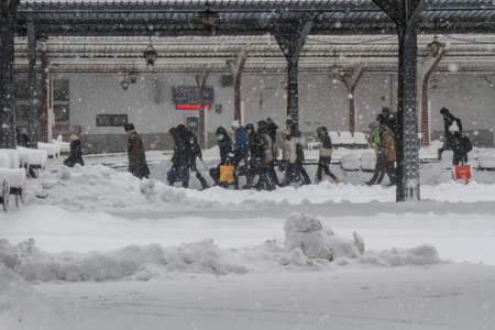 Bucharest, Romania, 17 January 2016: People are seen in Gara de Nord main railway station, after a heavy snowfall.のeditorial素材