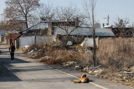 Bucharest, Romania, 7 February 2016: A man is seen walking on a street at a periphery of Bucharest.のeditorial素材