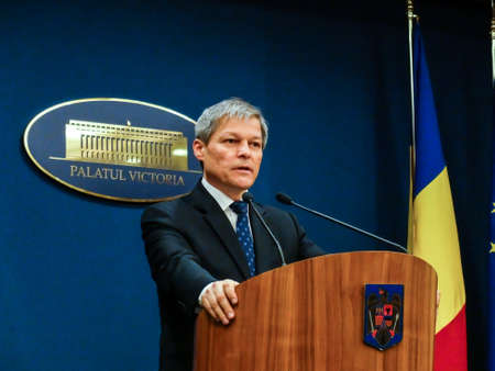 Bucharest, Romania, 1 February 2016: Romanian Prime Minister Dacian Ciolos holds a press conference after an informal meeting of his cabinet, at Victoria Palace, in Bucharest, capital of Romania.のeditorial素材