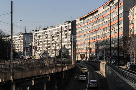 Bucharest, Romania, 7 February 2016: Landscape with tall residential blocks and the Bucur Obor passage in Bucharest.のeditorial素材