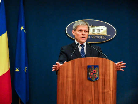 Bucharest, Romania, 1 February 2016: Romanian Prime Minister Dacian Ciolos holds a press conference after an informal meeting of his cabinet, at Victoria Palace, in Bucharest, capital of Romania.のeditorial素材