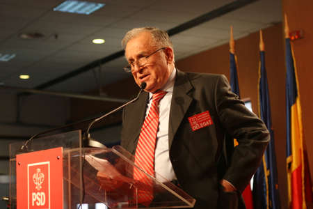 BUCHAREST, ROMANIA - February 20, 2010: Former Romanian President, Ion Iliescu speaks at the National Congress of Social Democrat Party.のeditorial素材