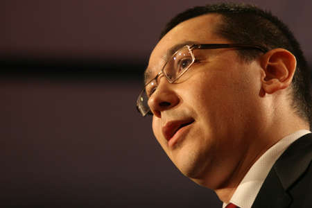 BUCHAREST, ROMANIA - February 20, 2010: Victor Ponta, speaks at the National Congress of Social Democrat Party (PSD).のeditorial素材