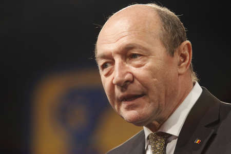 BUCHAREST, ROMANIA - March 23, 2013: Romanian President Traian Basescu speaks at the National Congress of Liberal Democratic Party.のeditorial素材