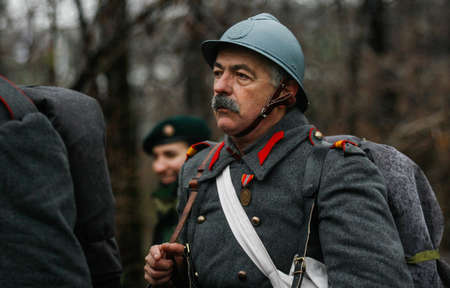 BUCHAREST, ROMANIA - DECEMBER 1, 2010: A soldier is taking part to a military parade on National Day of Romania. More than 3,000 soldiers and personnel from security agencies take part in the massive parades on National Day of Romania.のeditorial素材