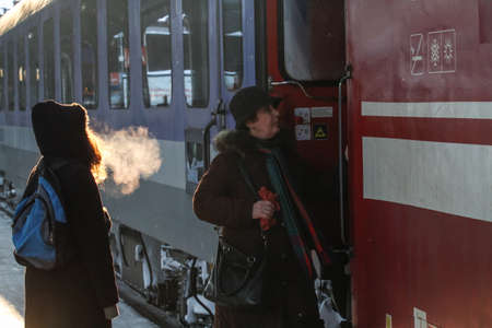 Bucharest, Romania, December 13, 2012: Passengers are waiting for the delayed trains in Gara de Nord main railway station, after a heavy snowfall.のeditorial素材