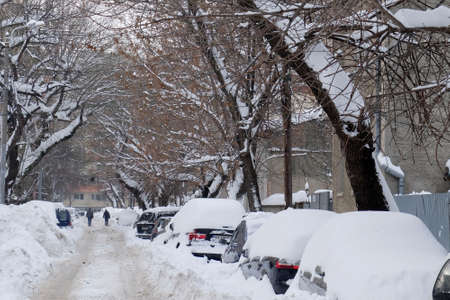 Bucharest, Romania, January 12, 2017: Cars covered with snow are parked on street after a snow storm.のeditorial素材