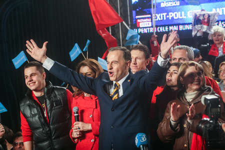 Bucharest Romania, December 6, 2009: The former Foreign Minister Mircea Geoana reacts after the first exit polls of presidential elections in Romania.のeditorial素材