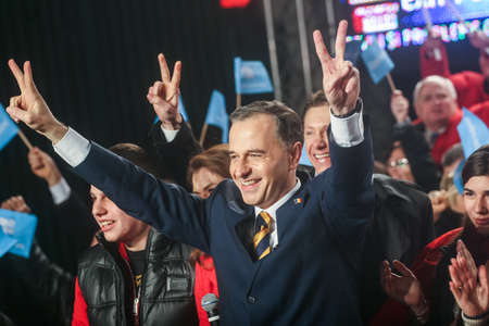 Bucharest Romania, December 6, 2009: The former Foreign Minister Mircea Geoana reacts after the first exit polls of presidential elections in Romania.のeditorial素材