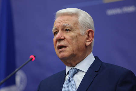 BUCHAREST, ROMANIA  - January 30, 2017: Teodor Viorel Melescanu, Romanian Minister of Foreign Affairs speaks at a press conference.のeditorial素材