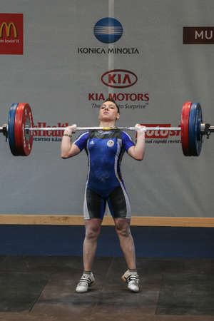 Bucharest, Romania, April 5, 2009: Roxana Cocos (Romania) reacts during European Weightlifting Championship in Bucharest.のeditorial素材