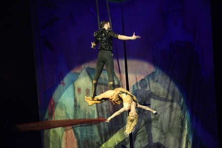 Bucharest Romania, February 18, 2017: A trouper performs at the International Circus Festival hold in Bucharest, at Globus Circus.のeditorial素材