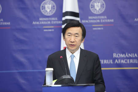 Bucharest Romania, February 20, 2017: Yun Byung-se, Ministry of Foreign Affairs of the Republic of Korea speaks at a press conference after meeting his Romanian counterpart.のeditorial素材