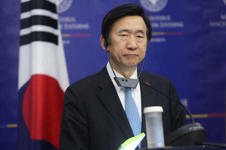 Bucharest Romania, February 20, 2017: Yun Byung-se, Ministry of Foreign Affairs of the Republic of Korea speaks at a press conference after meeting his Romanian counterpart.のeditorial素材