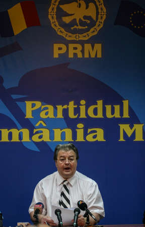 Bucharest, Romania, July 3, 2009: Corneliu Vadim Tudor speaks in a press-conference of Romania Mare Party in Bucharest.のeditorial素材