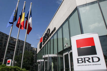 Bucharest, Romania, July 20, 2009. BRD Groupe Societe Generale (GSG) logo and firm is displayed at the company's headquarters, in Bucharest, Romania.のeditorial素材