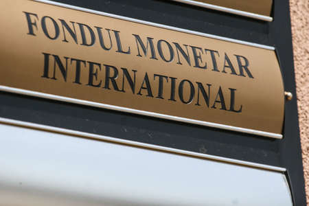 Bucharest, Romania, August 11, 2009: FMI ( IMF - International Monetary Fund) logo.のeditorial素材