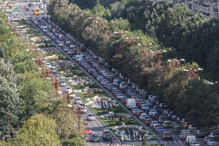 Bucharest, Romania, October 14, 2009: Heavy traffic in a rush hour in the center of Bucharest.