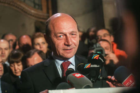 Bucharest, Romania, November 22, 2009: Politician Traian Basescu reacts after the announcement for the results of the presidential elections.のeditorial素材