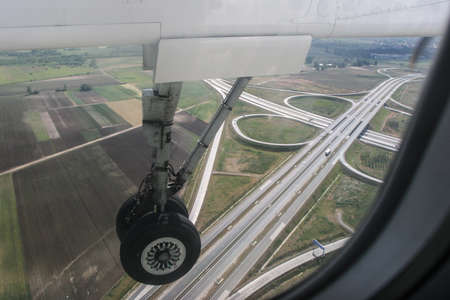 Budapest, Hungary, May 24, 2009: Wheel of an airplane and the tracks of the in the Budapest Ferenc Liszt International Airport.のeditorial素材