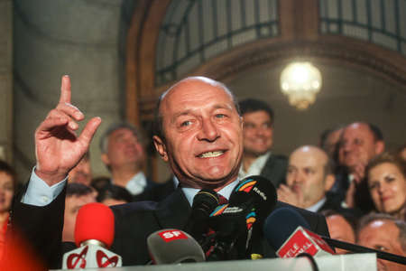 Bucharest, Romania, November 22, 2009: Politician Traian Basescu reacts after the announcement for the results of the presidential elections.のeditorial素材