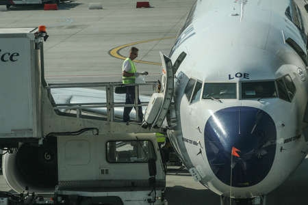 Budapest, Hungary, May 24, 2009: An airplane in the  Budapest Ferenc Liszt International Airport.のeditorial素材