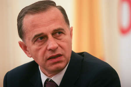 Bucharest, Romania, November 25, 2009: Politician Mircea Geoana participates in a meeting for signing the cooperation between national liberals and social democrats in Romania, after the presidential elections.のeditorial素材