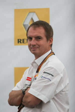 Bucharest, Romania, October 10, 2009: An official from Renault Group speaks in a press conference on the occasion of Renault Road show held in Bucharest.のeditorial素材