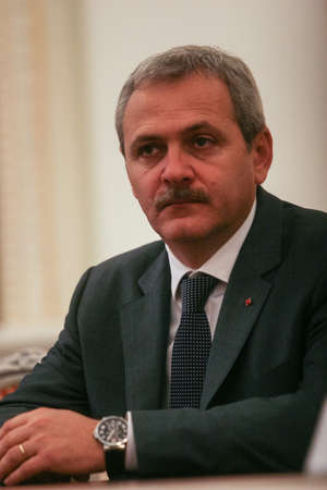 Bucharest, Romania, November 25, 2009: Politician Liviu Dragnea participates in a meeting for signing the cooperation between national liberals and social democrats in Romania, after the presidential elections.のeditorial素材