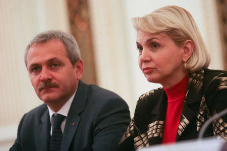 Bucharest, Romania, November 25, 2009: Politician Liviu Dragnea participates in a meeting for signing the cooperation between national liberals and social democrats in Romania, after the presidential elections.のeditorial素材