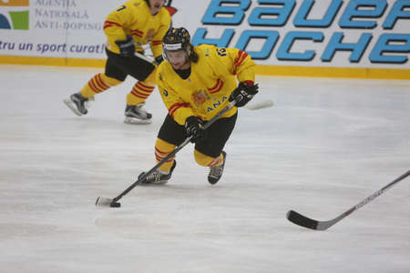 GALATI, ROMANIA, April 09, 2017: The ice hockey game between Romania and Spain in 2017 IIHF ICE HOCKEY WORLD CHAMPIONSHIP Div. II Group A.のeditorial素材