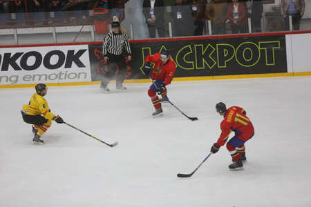 GALATI, ROMANIA, April 09, 2017: The ice hockey game between Romania and Spain in 2017 IIHF ICE HOCKEY WORLD CHAMPIONSHIP Div. II Group A.のeditorial素材