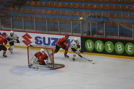 GALATI, ROMANIA, April 09, 2017: The ice hockey game between Australia and Belgium in 2017 IIHF Ice Hockey World Championship Div. II Group A.のeditorial素材