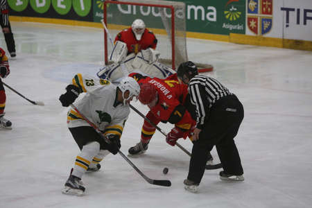 GALATI, ROMANIA, April 09, 2017: The ice hockey game between Australia and Belgium in 2017 IIHF Ice Hockey World Championship Div. II Group A.のeditorial素材