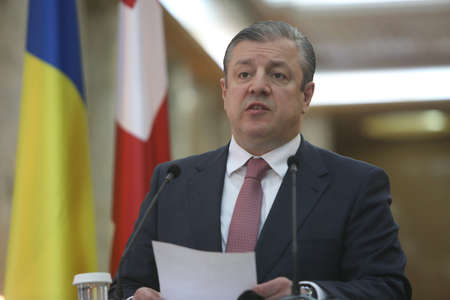 BUCHAREST, ROMANIA - April 26, 2017:   Giorgi Kvirikashvili, the Prime Minister of Georgia speaks at the joint press conference with his Romanian counterpart, in Bucharest.のeditorial素材