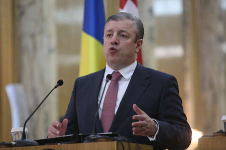 BUCHAREST, ROMANIA - April 26, 2017:   Giorgi Kvirikashvili, the Prime Minister of Georgia speaks at the joint press conference with his Romanian counterpart, in Bucharest.のeditorial素材