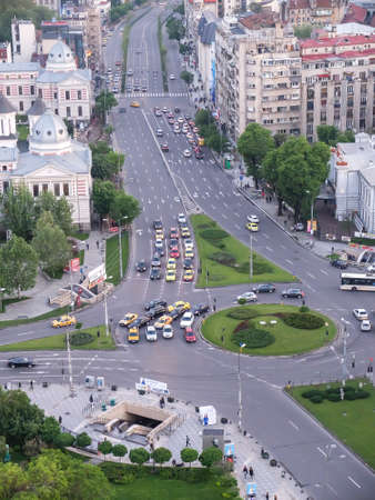 BUCHAREST, ROMANIA, April 25, 2016: Aerial view of the cross road at the University Square, in the center of Bucharest.のeditorial素材