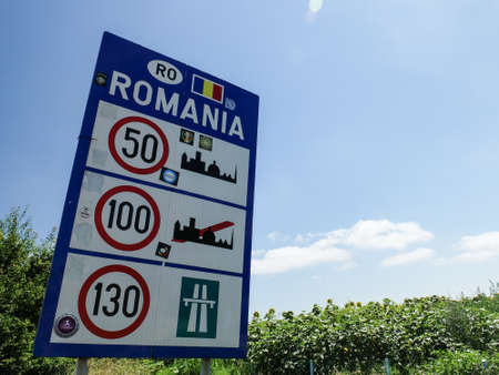 VAMA VECHE, ROMANIA, July 15, 2016: Traffic sign at the entrance in Romania, on the border with Bulgaria, in Vama Veche.のeditorial素材