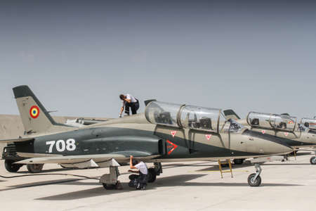 BUZAU, ROMANIA, June 18, 2016: IAR 99 SOIM airplane ground maintenance in the BOBAS air show, on the Boboc aerodrome in Buzau.のeditorial素材