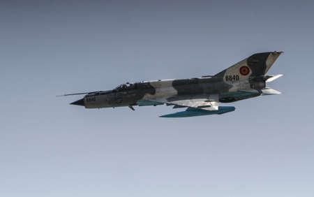 BUZAU, ROMANIA, June 18, 2016: MIG 21 airplane in the BOBAS air show, on the Boboc aerodrome in...