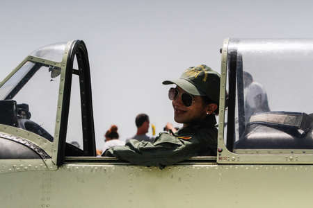 BUZAU, ROMANIA, June 18, 2016: IAK 52 airplane in the BOBAS air show, on the Boboc aerodrome in Buzau.のeditorial素材