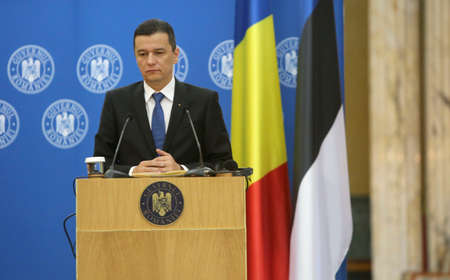 BUCHAREST, ROMANIA  - May 24, 2017:  Romanian Prime Minister Sorin Grindeanu speaks during the joint press conference with Estonian Prime Minister Juri Ratas at Romanian Govern Headquarter.のeditorial素材