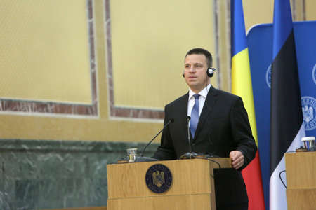 BUCHAREST, ROMANIA  - May 24, 2017:  Estonian Prime Minister Juri Ratas speaks during the joint press conference with Romanian Prime Minister Sorin Grindeanu at Romanian Govern Headquarter.のeditorial素材