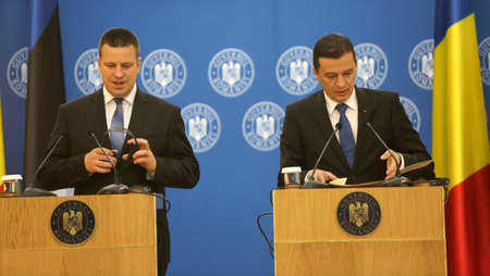 BUCHAREST, ROMANIA  - May 24, 2017:  Romanian Prime Minister Sorin Grindeanu (right) and Estonian Prime Minister Juri Ratas (left) have a joint press conference at Romanian Govern Headquarter.のeditorial素材