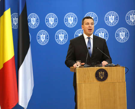 BUCHAREST, ROMANIA  - May 24, 2017:  Estonian Prime Minister Juri Ratas speaks during the joint press conference with Romanian Prime Minister Sorin Grindeanu at Romanian Govern Headquarter.のeditorial素材