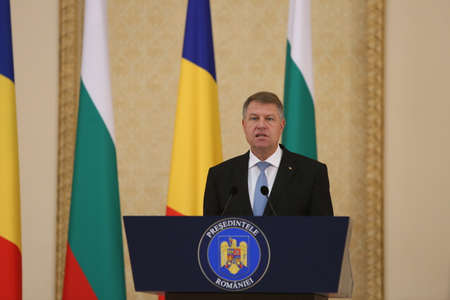 BUCHAREST, ROMANIA  - June 28, 2017:  Romanian President Klaus Iohannis speaks during the joint press conference with Bulgarian counterpart in his first official visit in Romania.のeditorial素材